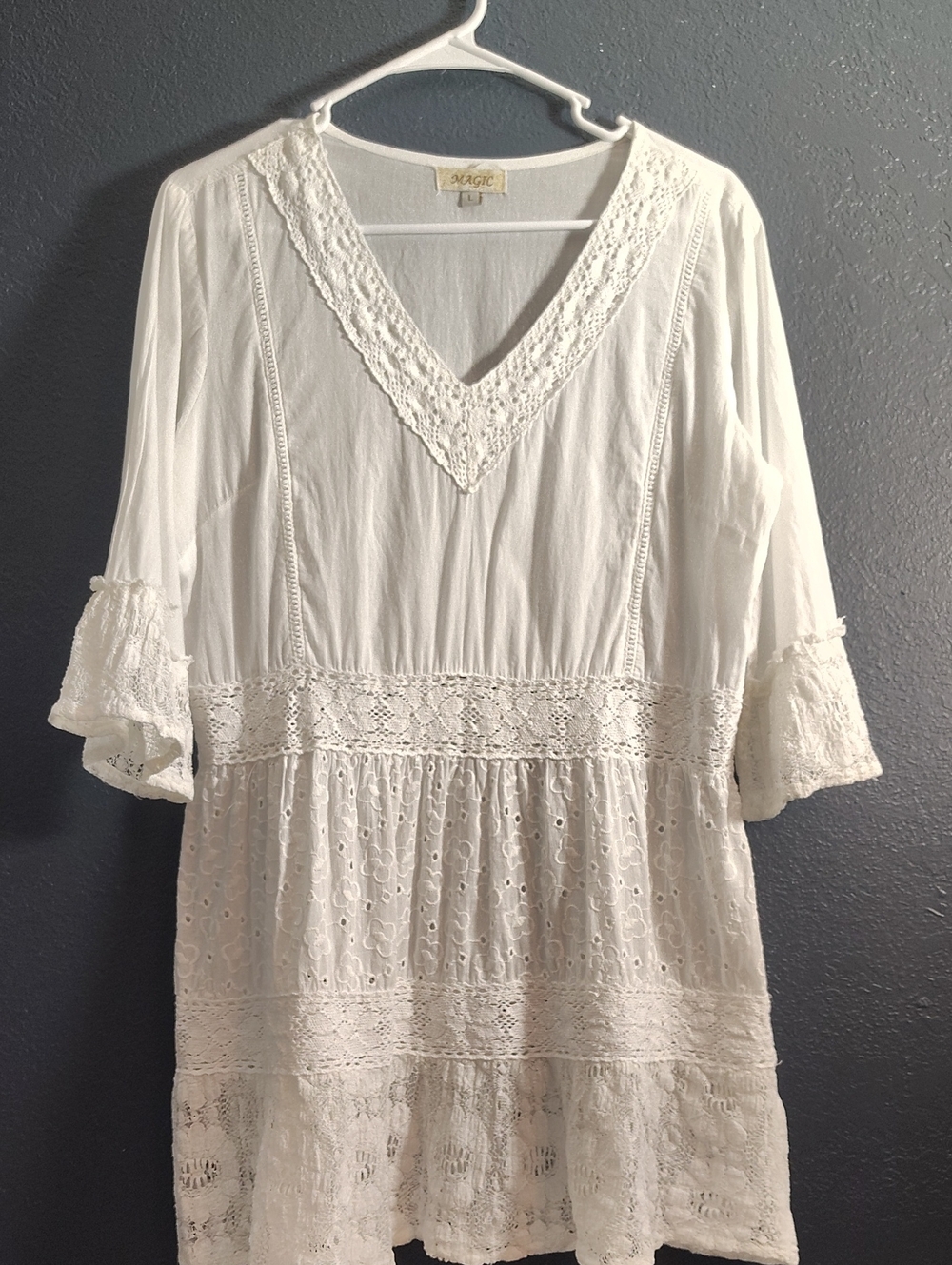 Magic White Crochet & Eyelet V-Neck Tunic Fairy Cottage Core Coastal
